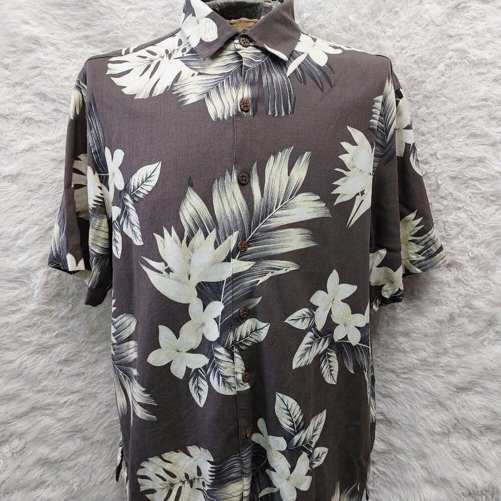 Caribbean Hawaiian Shirt Mens Silk Blend Brown Camp Tropical Size XL